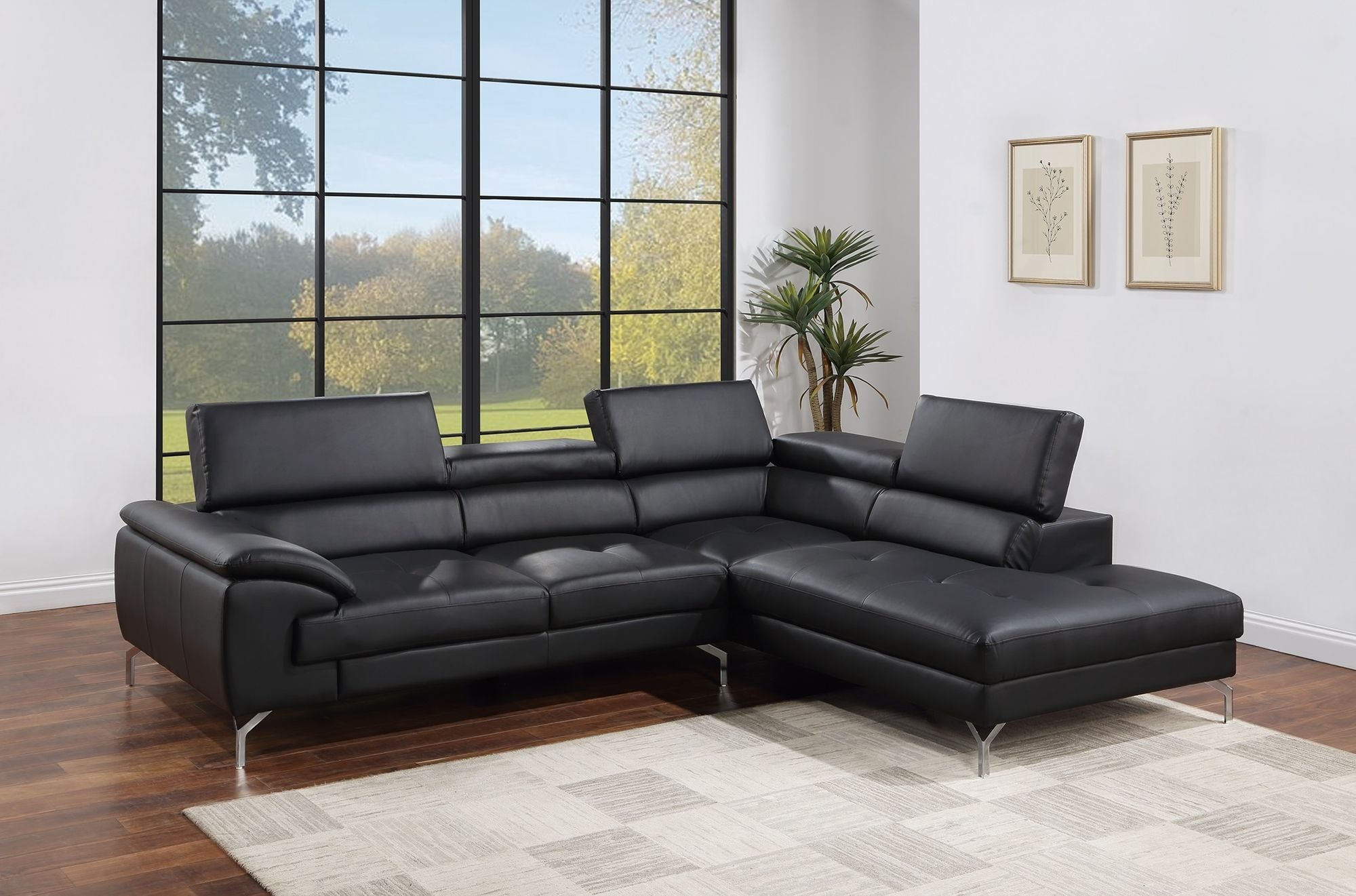 Black Color Sectional Couch 2pc Set Living Room Furniture Faux Leather Right Facing Chaise And Left Facing Sofa Metal Legs - Comfortable Living Decor