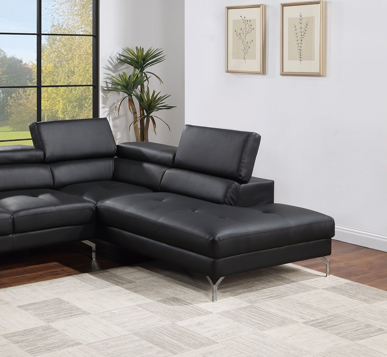 Black Color Sectional Couch 2pc Set Living Room Furniture Faux Leather Right Facing Chaise And Left Facing Sofa Metal Legs - Comfortable Living Decor