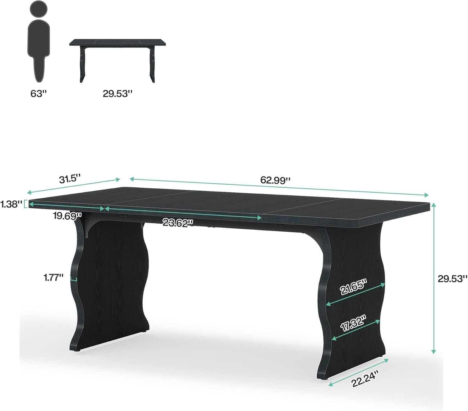 Black Dining Table for 4 - 6, 63 - Inch Rectangular Modern Kitchen Table - Comfortable Living Decor