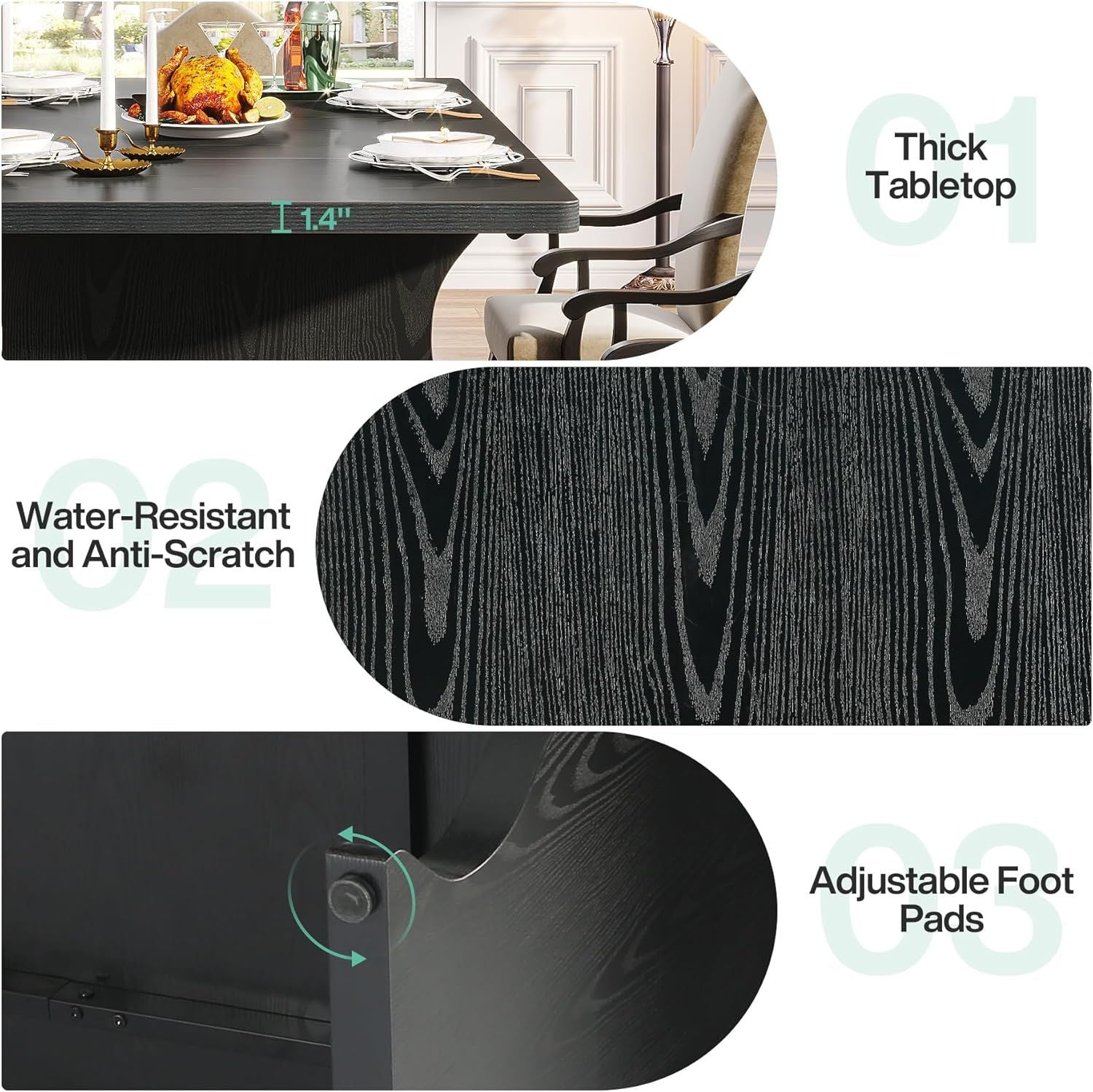 Black Dining Table for 4 - 6, 63 - Inch Rectangular Modern Kitchen Table - Comfortable Living Decor
