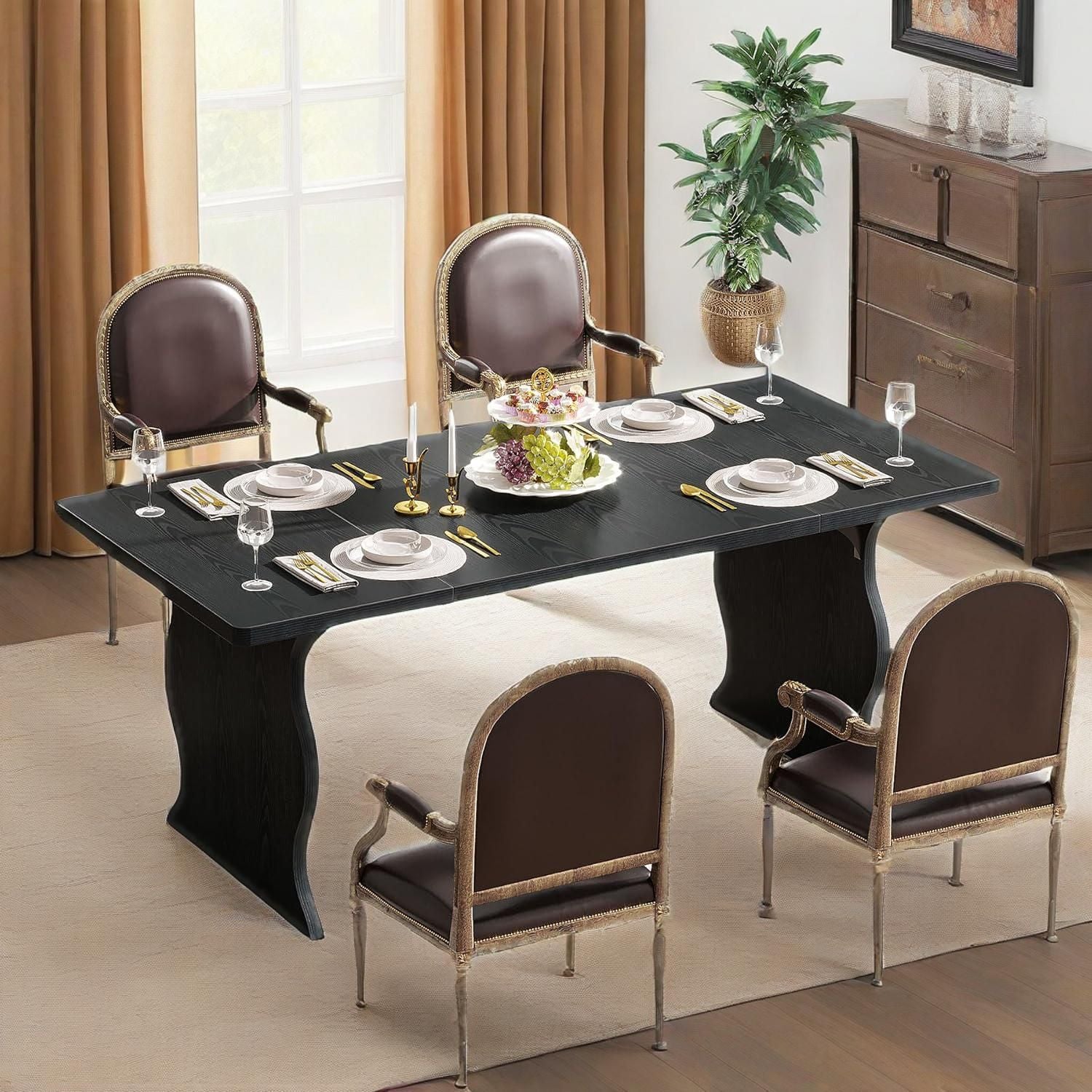 Black Dining Table for 4 - 6, 63 - Inch Rectangular Modern Kitchen Table - Comfortable Living Decor