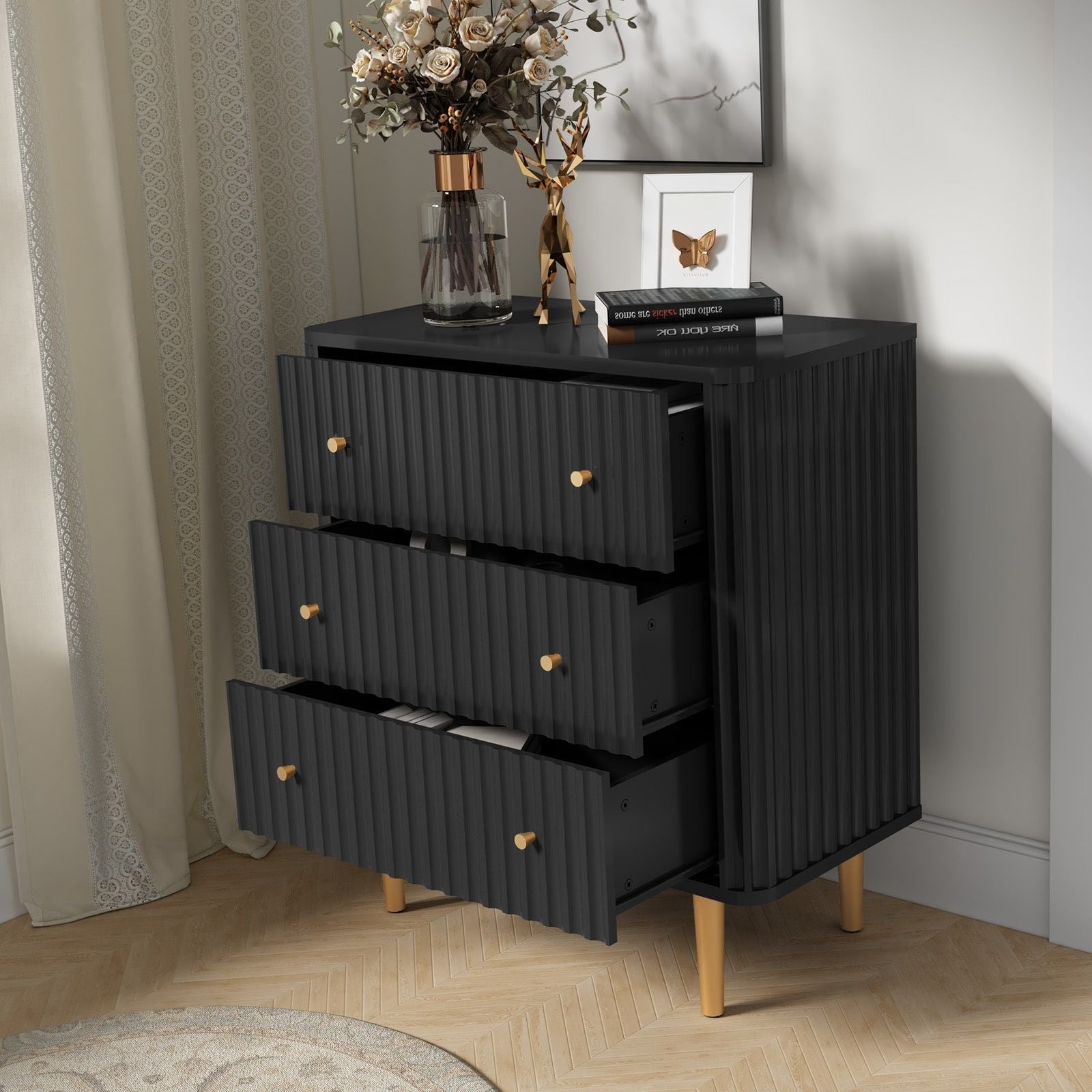 Black Modern 3 Drawer Dresser for Bedroom - Wood Storage Cabinet with Fluted Texture, Spacious Chest of Drawers Organizer for Living Room,Closet,Hallway - Comfortable Living Decor