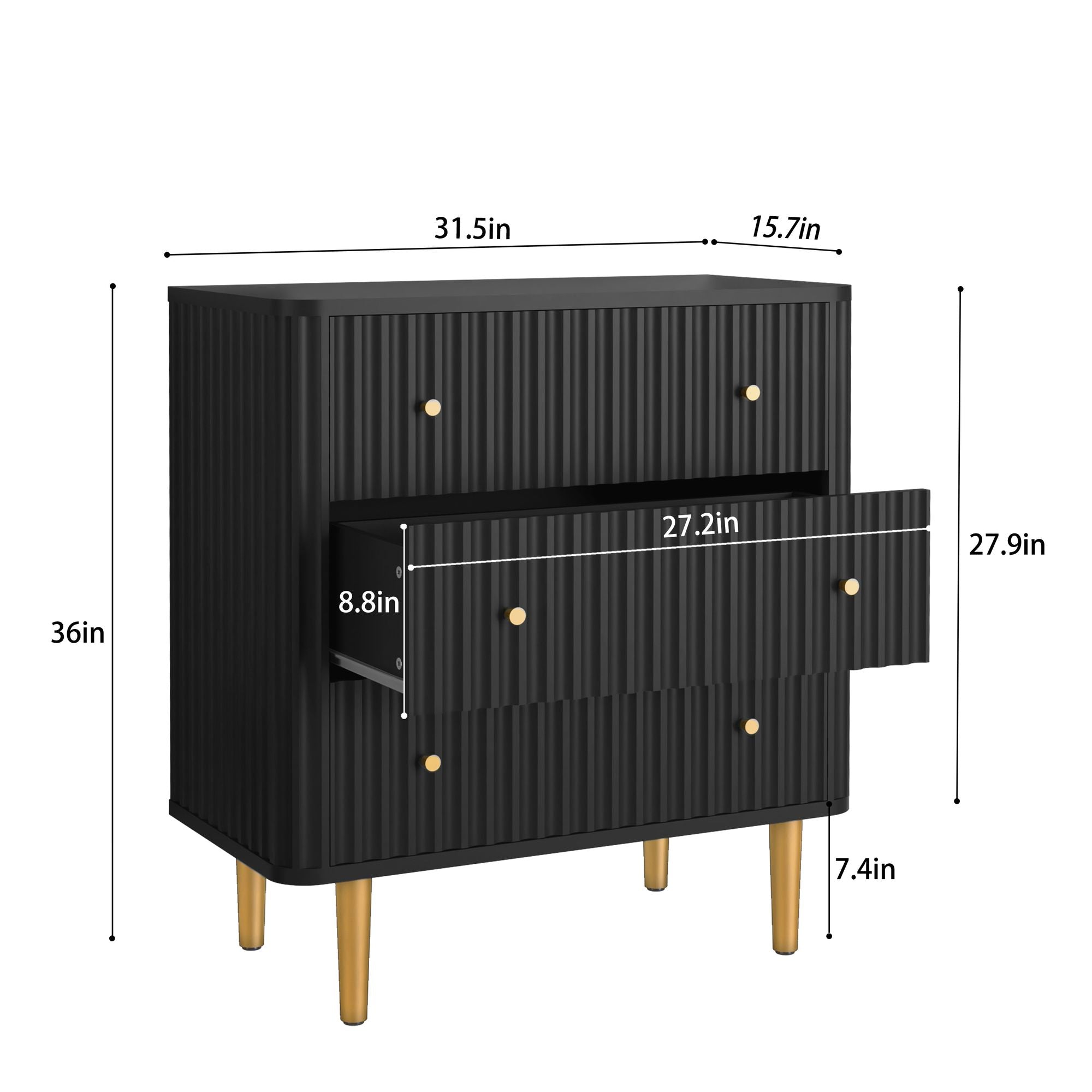 Black Modern 3 Drawer Dresser for Bedroom - Wood Storage Cabinet with Fluted Texture, Spacious Chest of Drawers Organizer for Living Room,Closet,Hallway - Comfortable Living Decor