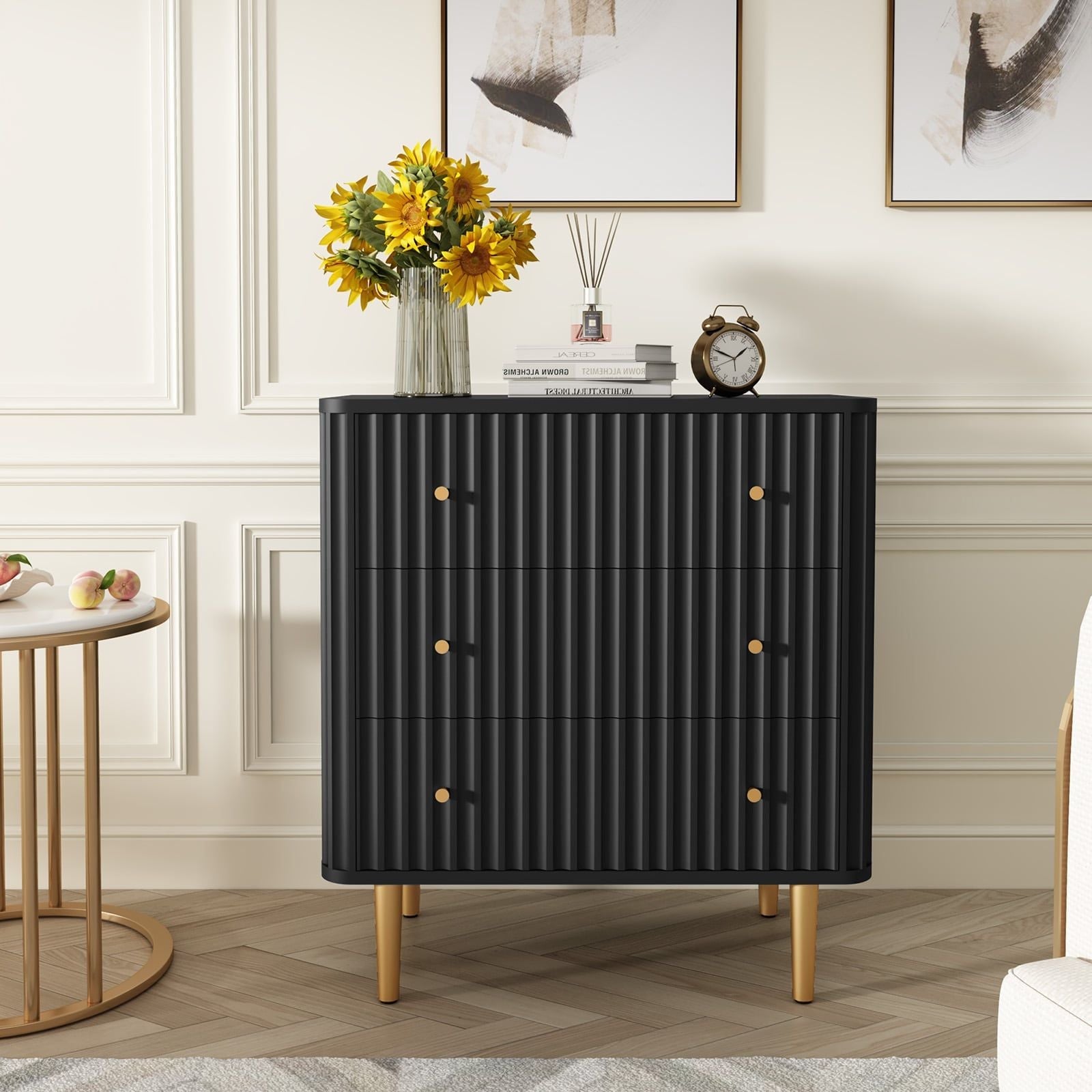 Black Modern 3 Drawer Dresser for Bedroom - Wood Storage Cabinet with Fluted Texture, Spacious Chest of Drawers Organizer for Living Room,Closet,Hallway - Comfortable Living Decor