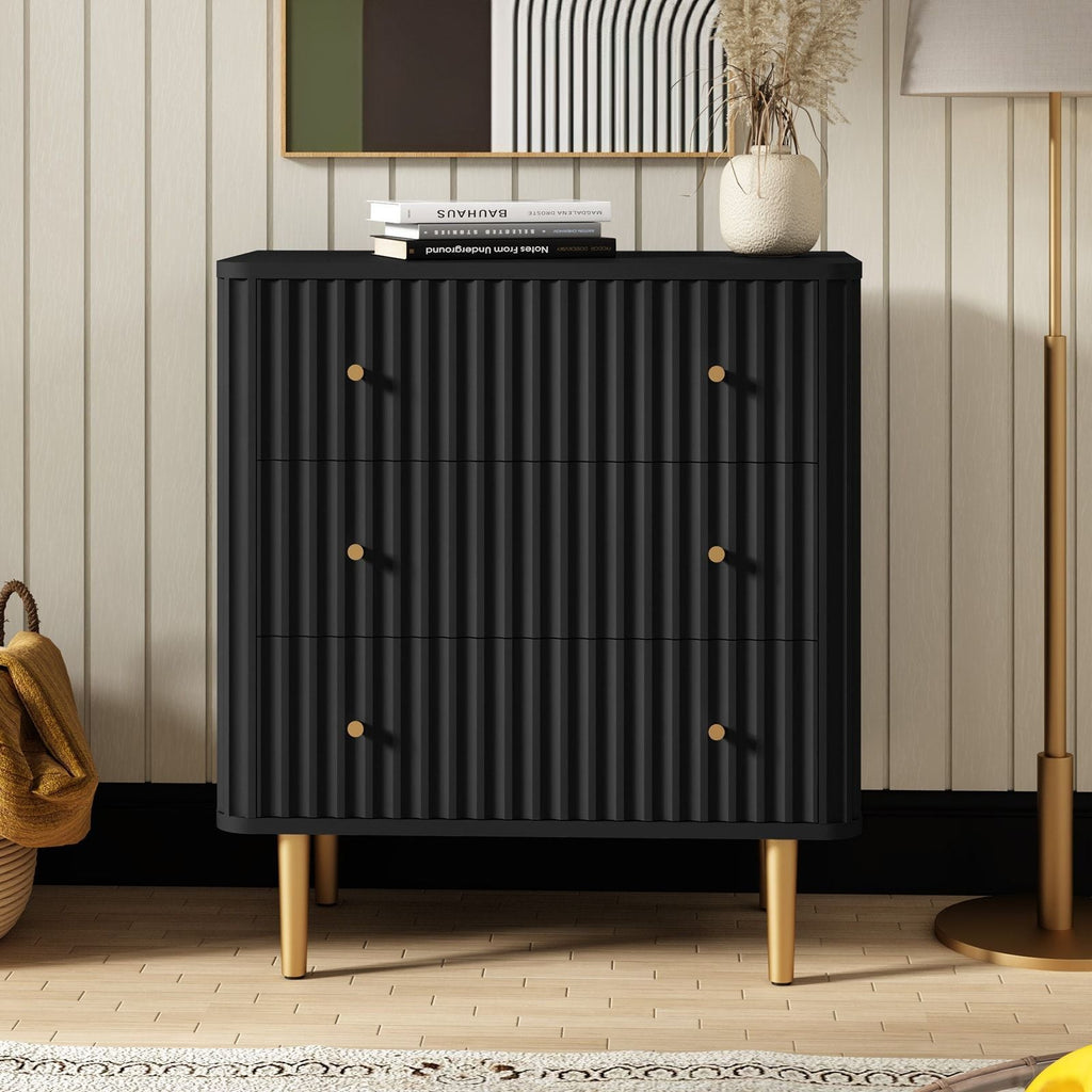 Black Modern 3 Drawer Dresser for Bedroom - Wood Storage Cabinet with Fluted Texture, Spacious Chest of Drawers Organizer for Living Room,Closet,Hallway - Comfortable Living Decor