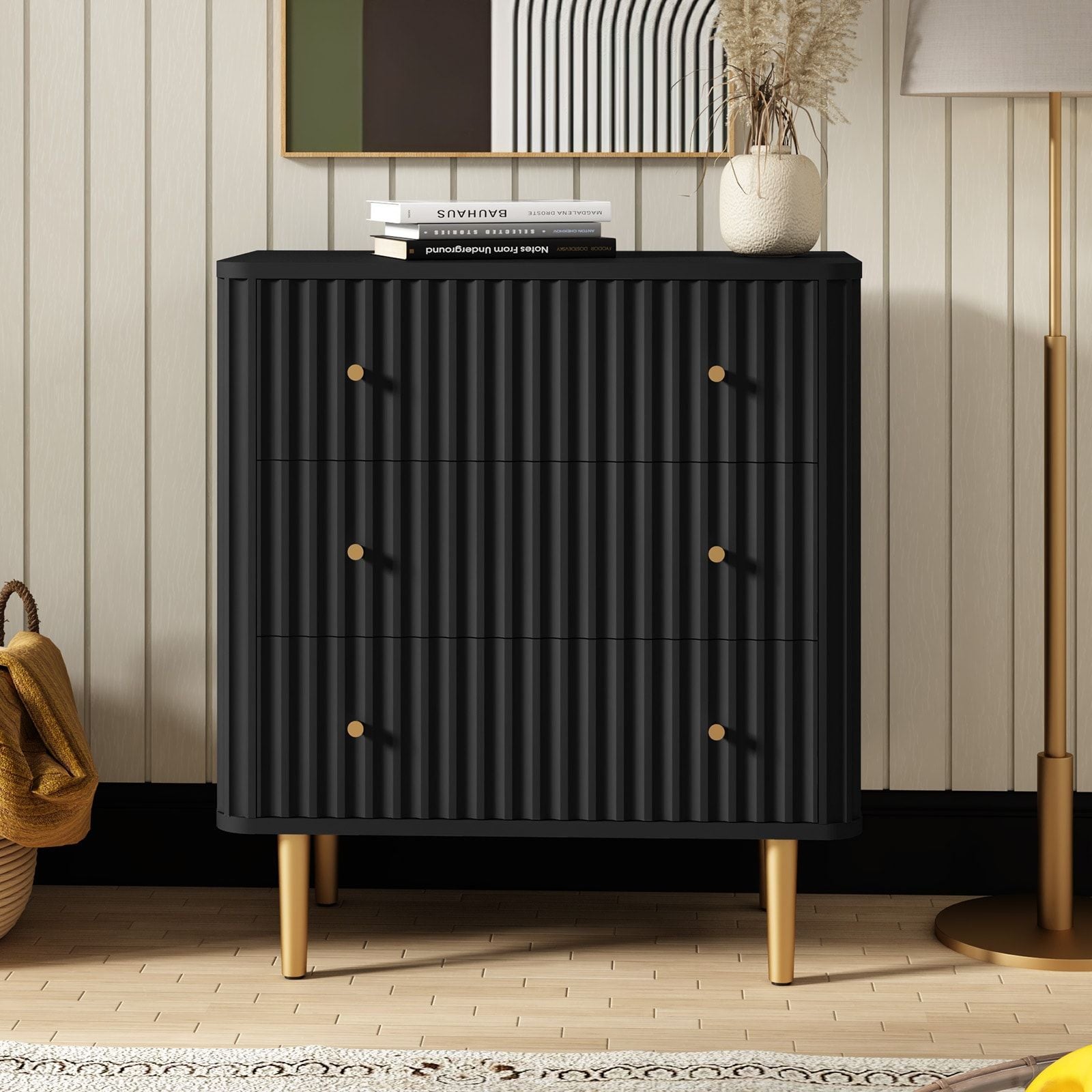 Black Modern 3 Drawer Dresser for Bedroom - Wood Storage Cabinet with Fluted Texture, Spacious Chest of Drawers Organizer for Living Room,Closet,Hallway - Comfortable Living Decor