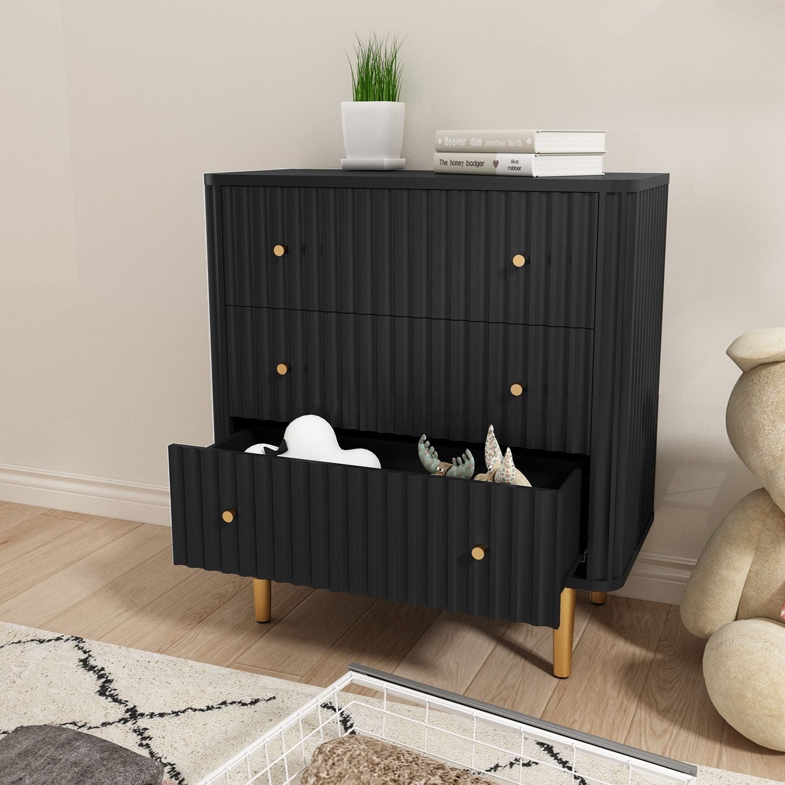 Black Modern 3 Drawer Dresser for Bedroom - Wood Storage Cabinet with Fluted Texture, Spacious Chest of Drawers Organizer for Living Room,Closet,Hallway - Comfortable Living Decor