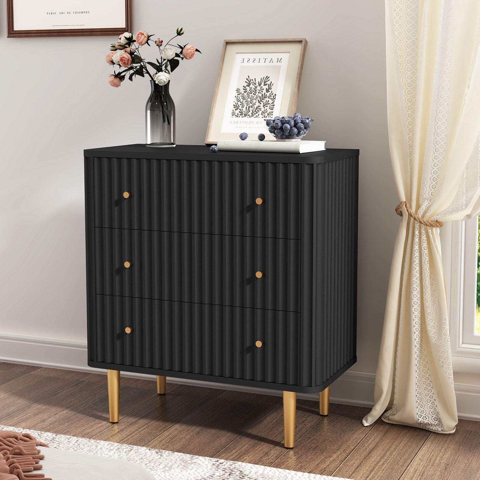 Black Modern 3 Drawer Dresser for Bedroom - Wood Storage Cabinet with Fluted Texture, Spacious Chest of Drawers Organizer for Living Room,Closet,Hallway - Comfortable Living Decor