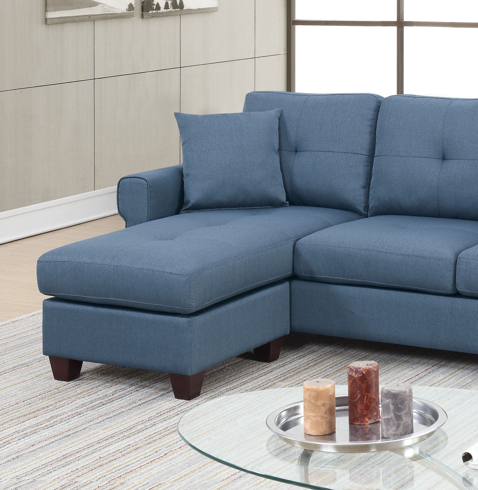 Blue Color Glossy Polyfiber Tufted Cushion Couch Sectional Sofa Chaise Living Room Furniture Reversible Sectionals Chaise - Comfortable Living Decor
