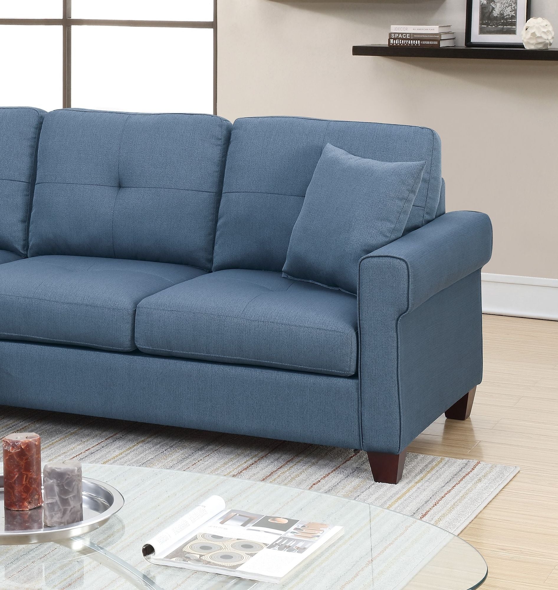Blue Color Glossy Polyfiber Tufted Cushion Couch Sectional Sofa Chaise Living Room Furniture Reversible Sectionals Chaise - Comfortable Living Decor
