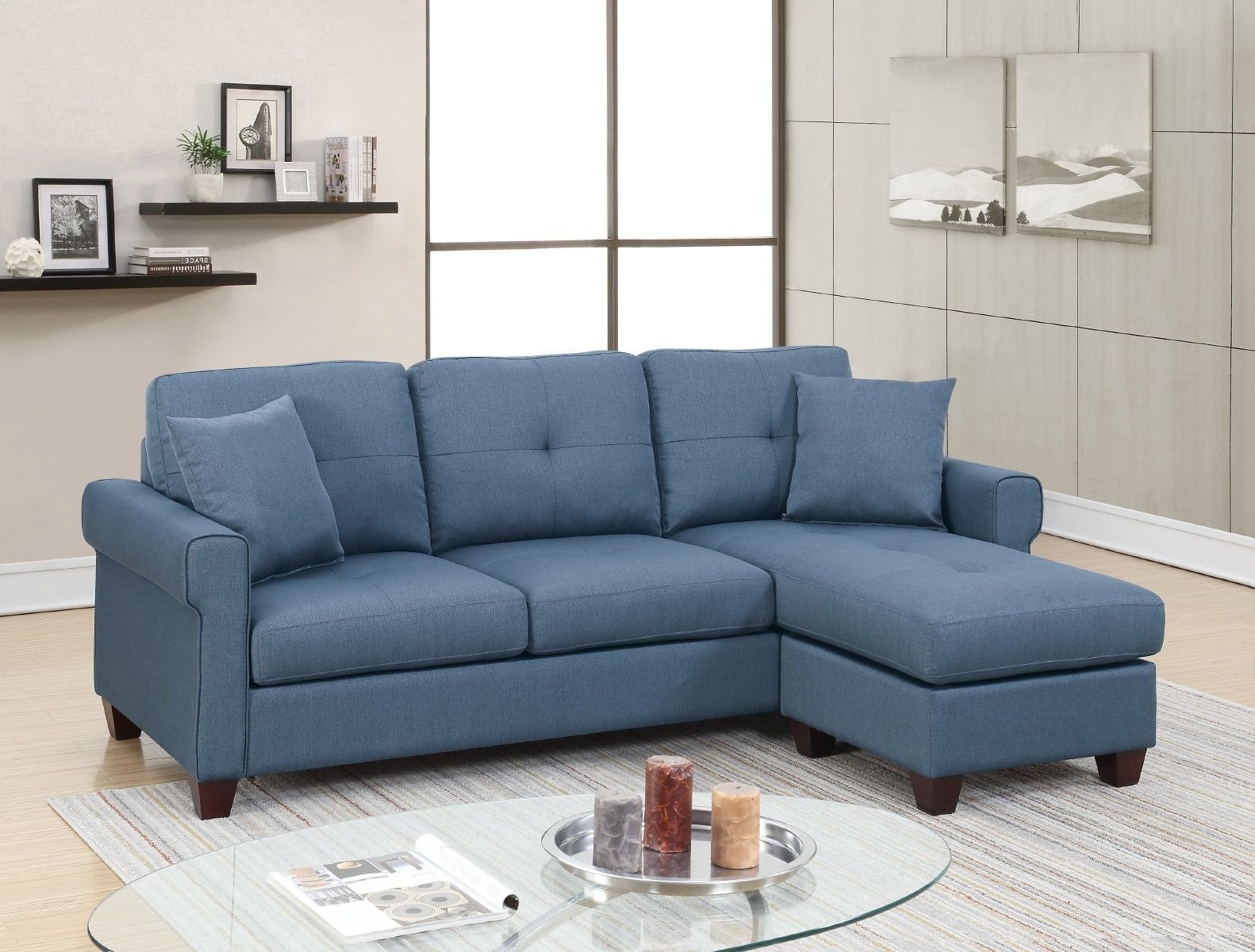 Blue Color Glossy Polyfiber Tufted Cushion Couch Sectional Sofa Chaise Living Room Furniture Reversible Sectionals Chaise - Comfortable Living Decor
