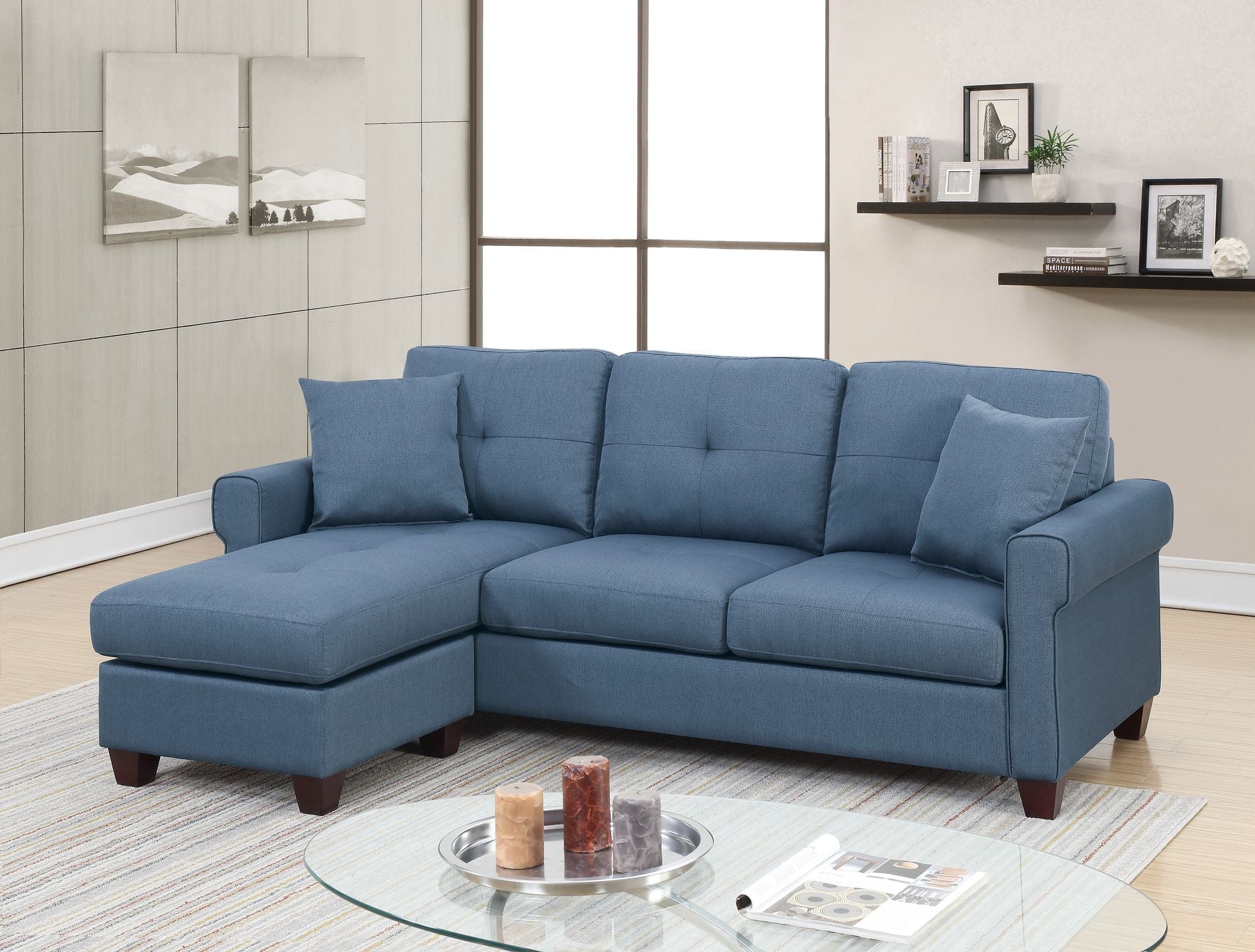 Blue Color Glossy Polyfiber Tufted Cushion Couch Sectional Sofa Chaise Living Room Furniture Reversible Sectionals Chaise - Comfortable Living Decor