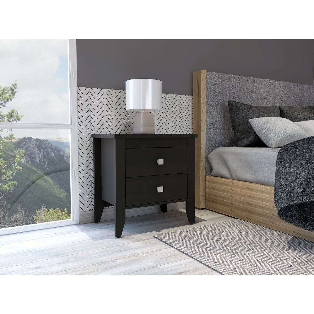 Breeze Four - Legged Modern Bedroom Nightstand, with Two Drawers, Black - Comfortable Living Decor