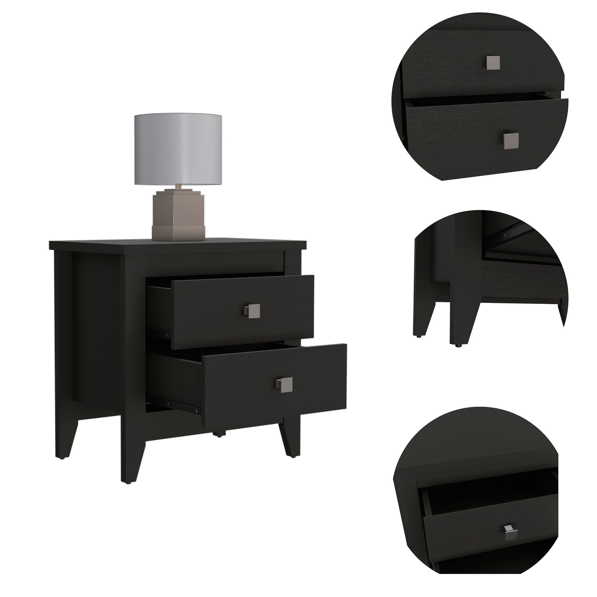 Breeze Four - Legged Modern Bedroom Nightstand, with Two Drawers, Black - Comfortable Living Decor