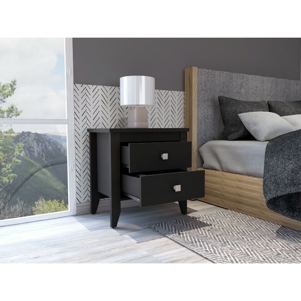 Breeze Four - Legged Modern Bedroom Nightstand, with Two Drawers, Black - Comfortable Living Decor