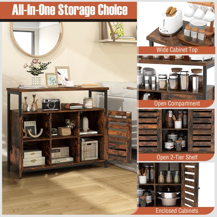 Buffet Cabinet Industrial Sideboard Storage Cabinet with Slatted Door and 3 Adjustable Shelves - Comfortable Living Decor