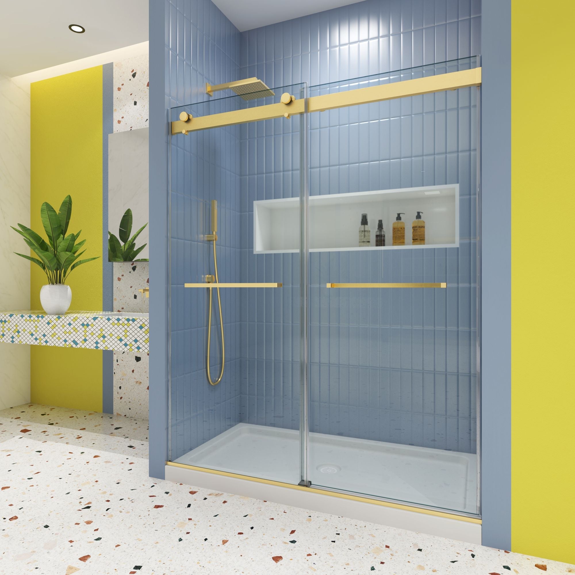 Bypass shower door, sliding door,soft close system, with 5/16" tempered glass and Brushed Gold finish 4874 - Comfortable Living Decor
