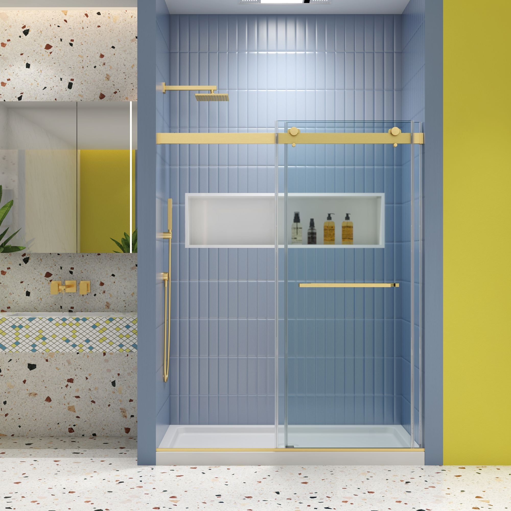 Bypass shower door, sliding door,soft close system, with 5/16" tempered glass and Brushed Gold finish 4874 - Comfortable Living Decor