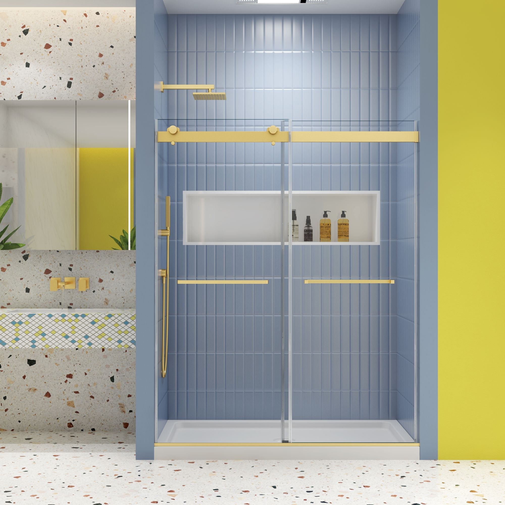 Bypass shower door, sliding door,soft close system, with 5/16" tempered glass and Brushed Gold finish 4874 - Comfortable Living Decor