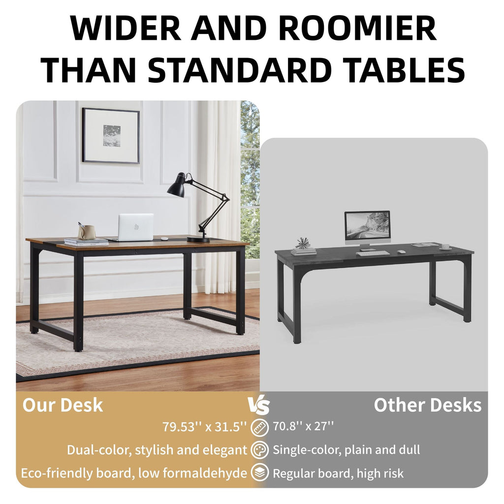 Computer Desk Large Office Desk, 79.5 Inch Gaming Desk Writing Desk Work Desk for Home Office, Study, Modern Simple Wooden Desk, Large Legroom, Metal Frame, Rustic/Black - Comfortable Living Decor