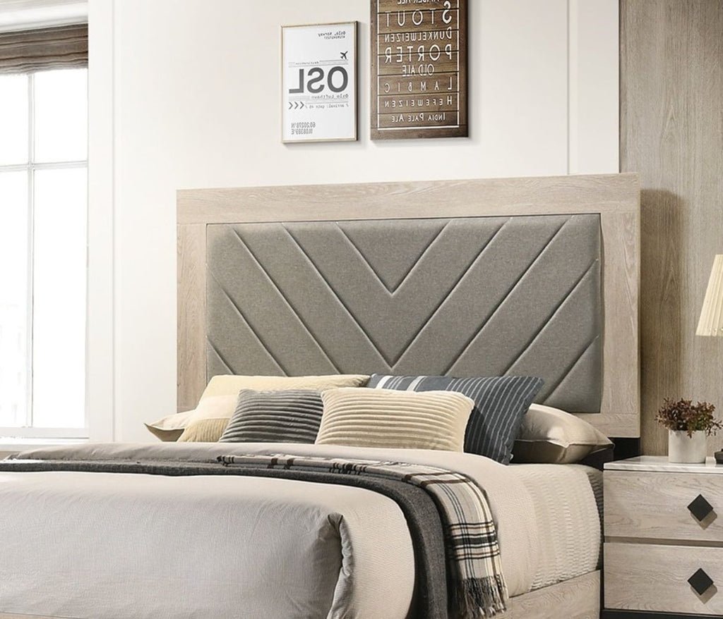 Contemporary 1pc Cream Finish Queen Size Bed Bedroom Furniture Gray V - Design Headboard Rubberwood 1pc Bedframe - Comfortable Living Decor