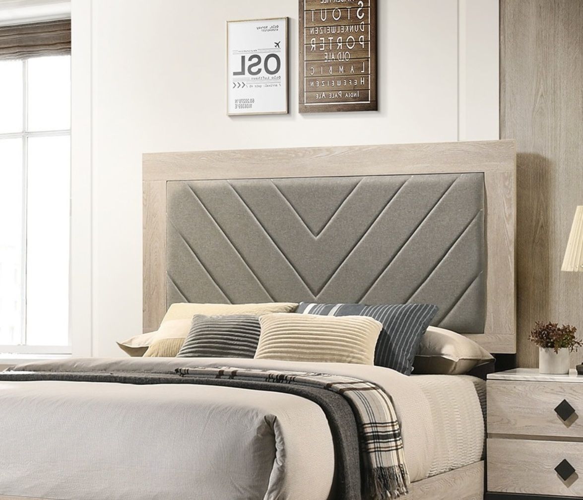 Contemporary 1pc Cream Finish Queen Size Bed Bedroom Furniture Gray V - Design Headboard Rubberwood 1pc Bedframe - Comfortable Living Decor