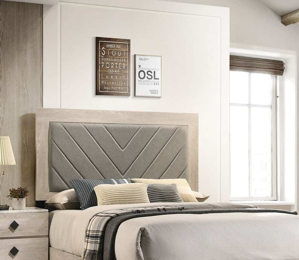 Contemporary 1pc Cream Finish Queen Size Bed Bedroom Furniture Gray V - Design Headboard Rubberwood 1pc Bedframe - Comfortable Living Decor