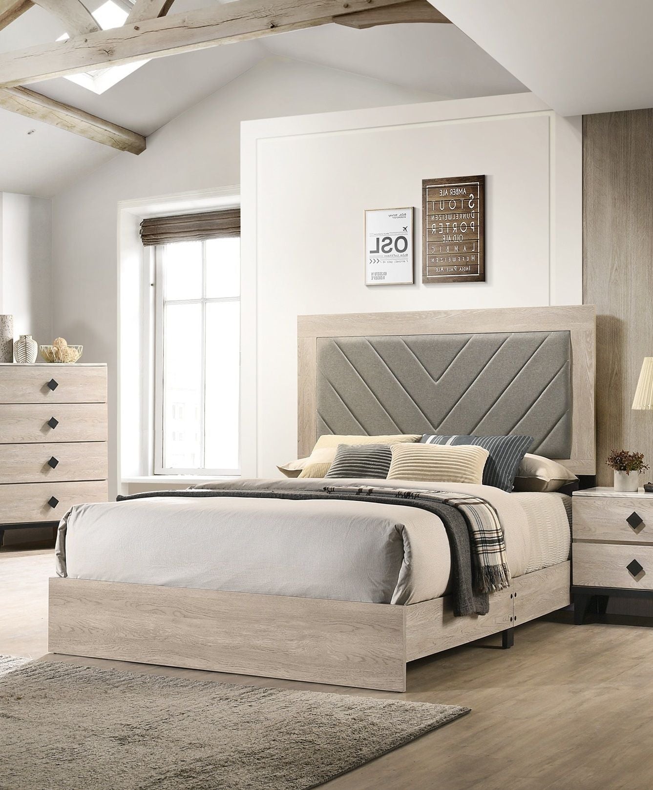 Contemporary 1pc Cream Finish Queen Size Bed Bedroom Furniture Gray V - Design Headboard Rubberwood 1pc Bedframe - Comfortable Living Decor