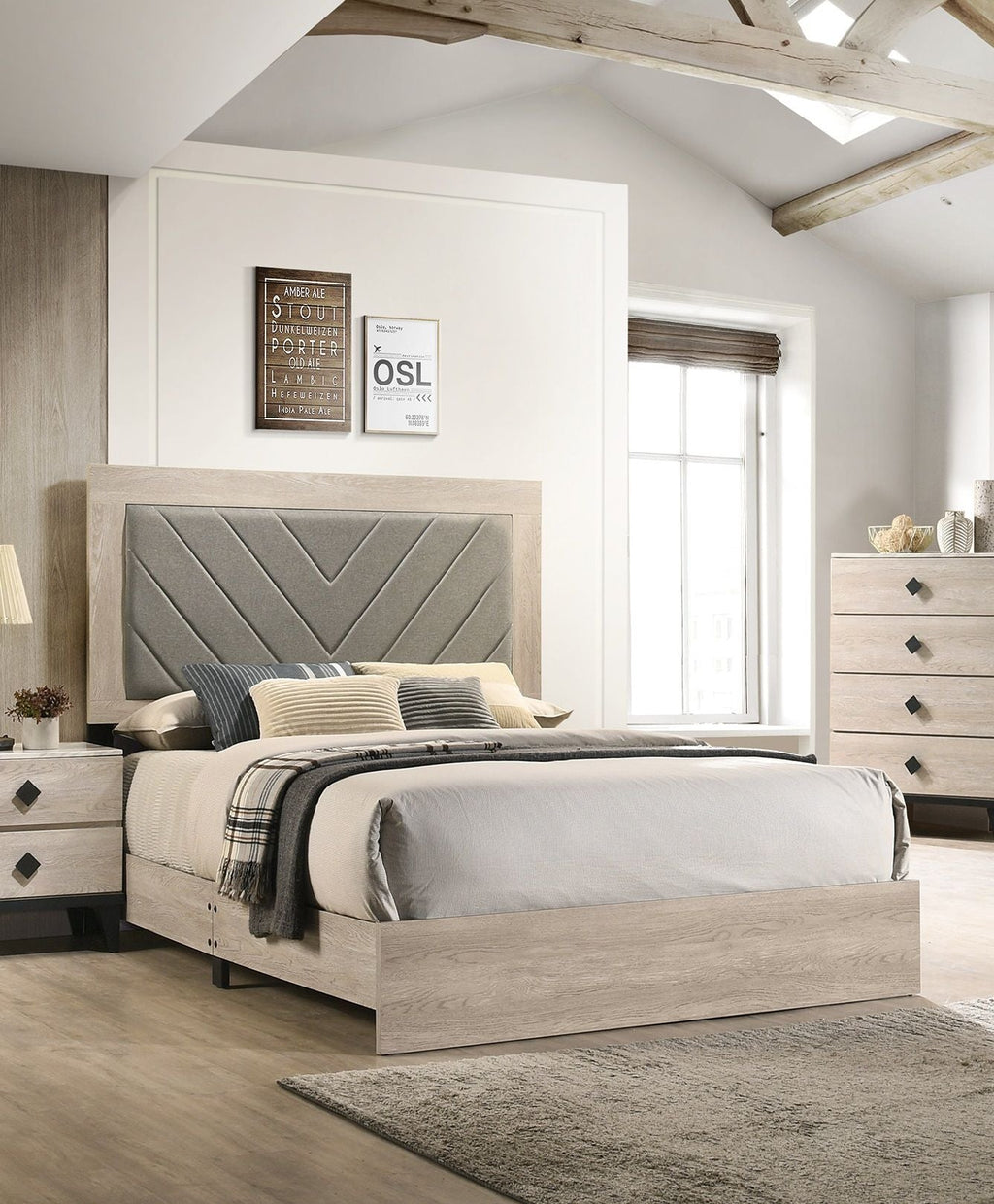 Contemporary 1pc Cream Finish Queen Size Bed Bedroom Furniture Gray V - Design Headboard Rubberwood 1pc Bedframe - Comfortable Living Decor