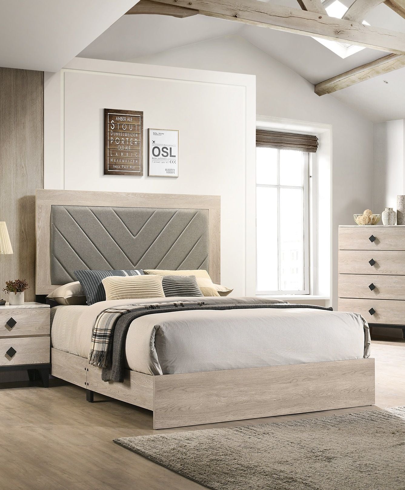 Contemporary 1pc Cream Finish Queen Size Bed Bedroom Furniture Gray V - Design Headboard Rubberwood 1pc Bedframe - Comfortable Living Decor