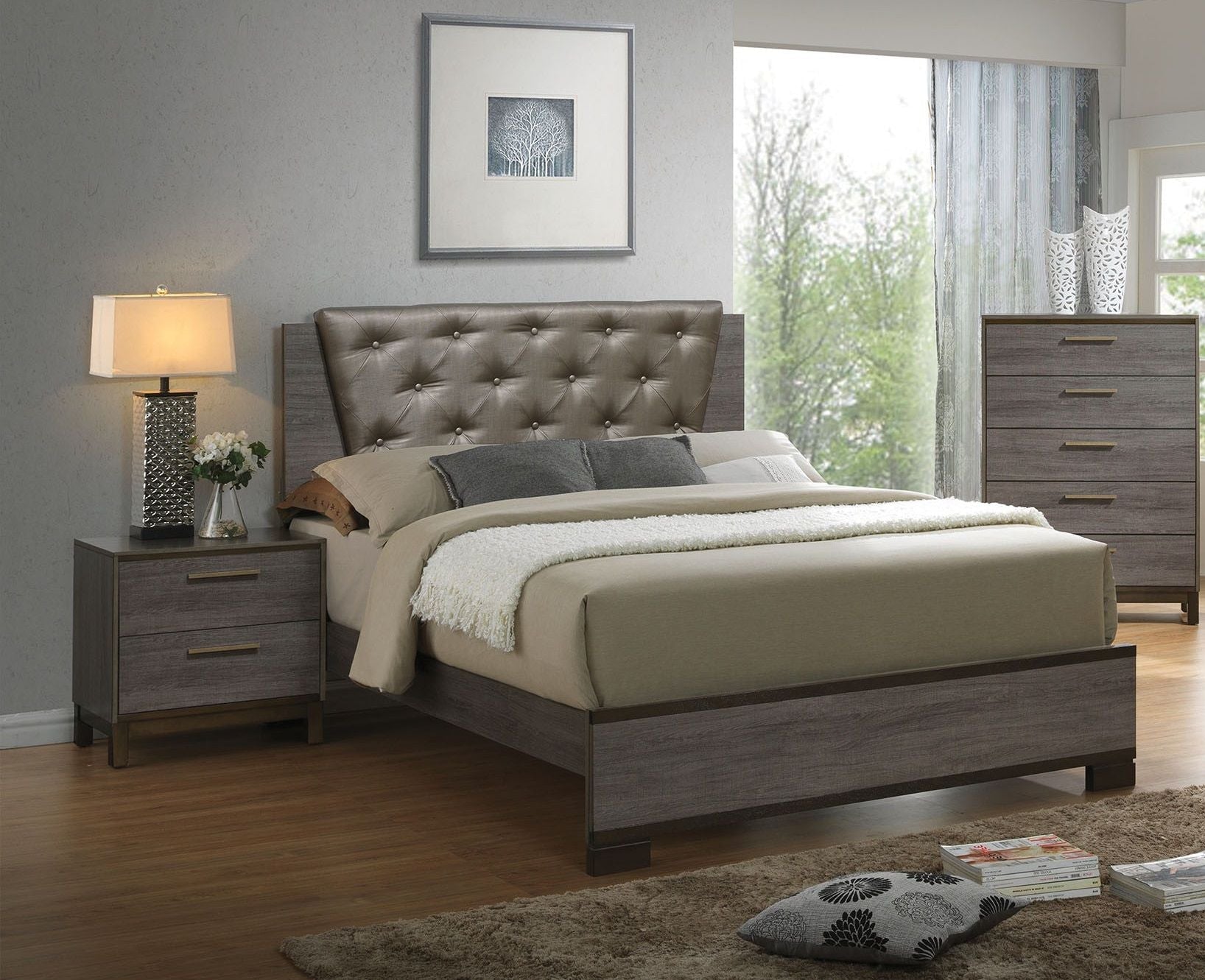 Contemporary 1pc Nightstand Two Tone Antique Gray Bedroom Furniture Nightstand Center Metal Glides Brass Bar Pulls - Comfortable Living Decor