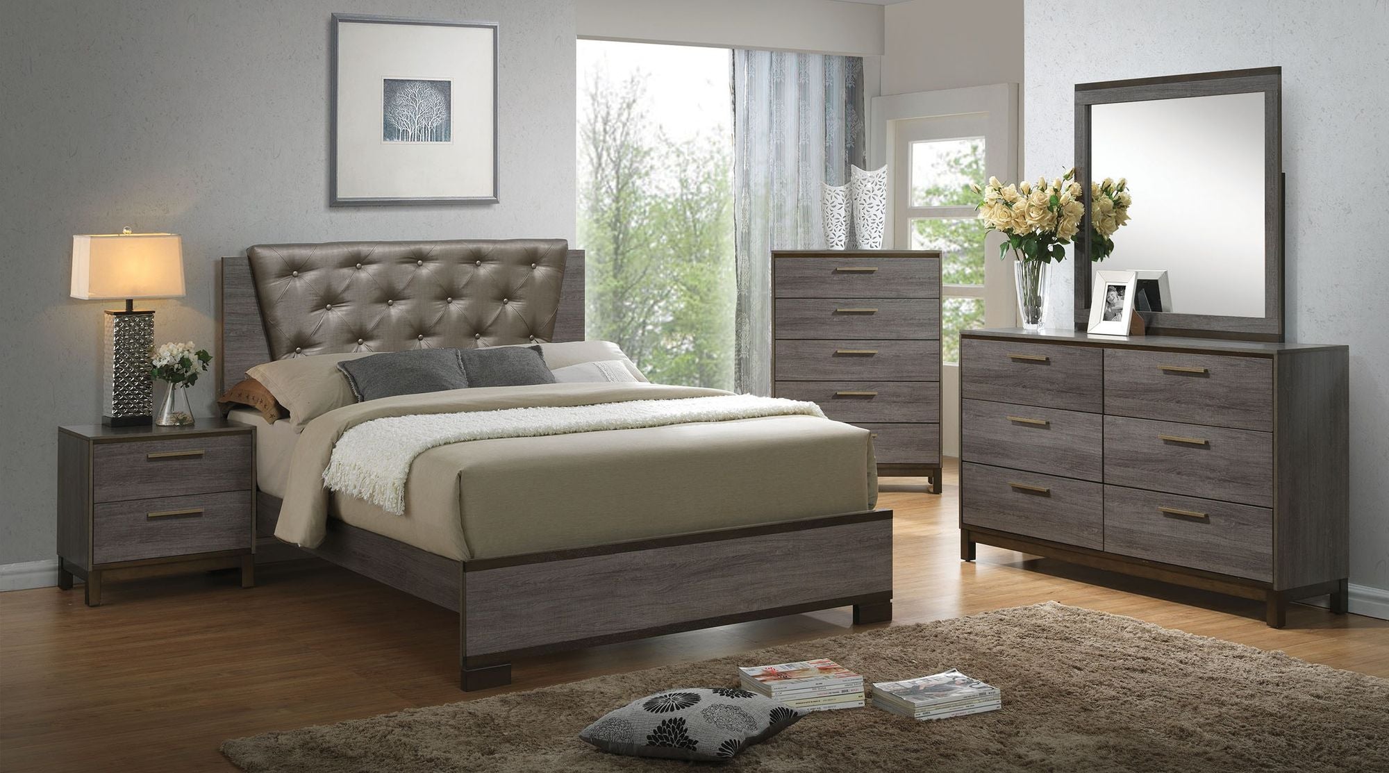 Contemporary 1pc Nightstand Two Tone Antique Gray Bedroom Furniture Nightstand Center Metal Glides Brass Bar Pulls - Comfortable Living Decor
