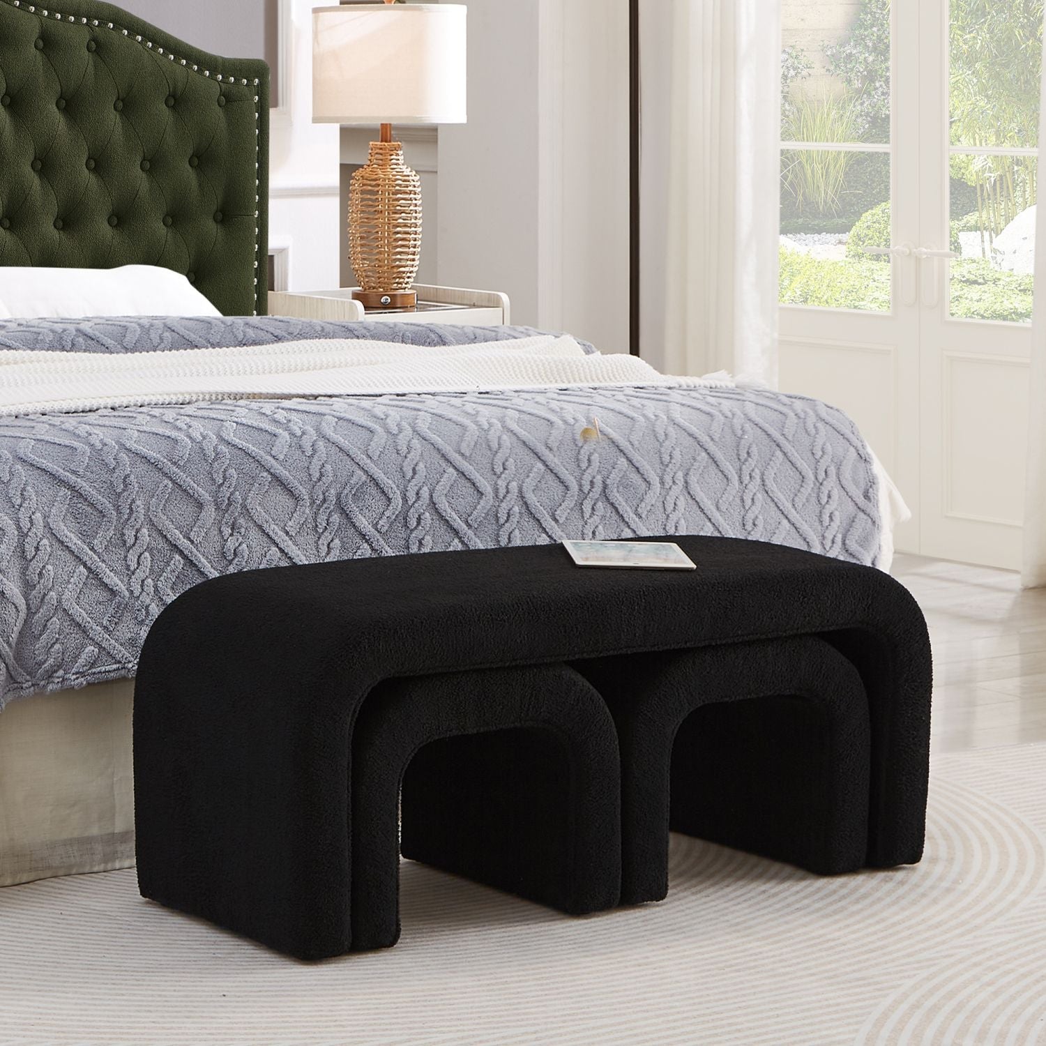 Cozy Set of 3 Black Teddy Ottomans - Versatile Modern Bench for Bedroom and Entryway - Comfortable Living Decor