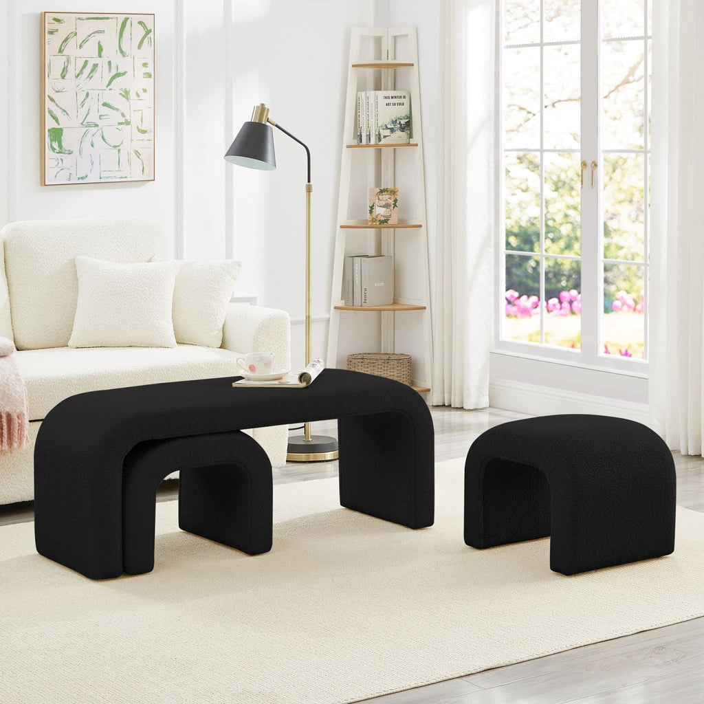 Cozy Set of 3 Black Teddy Ottomans - Versatile Modern Bench for Bedroom and Entryway - Comfortable Living Decor