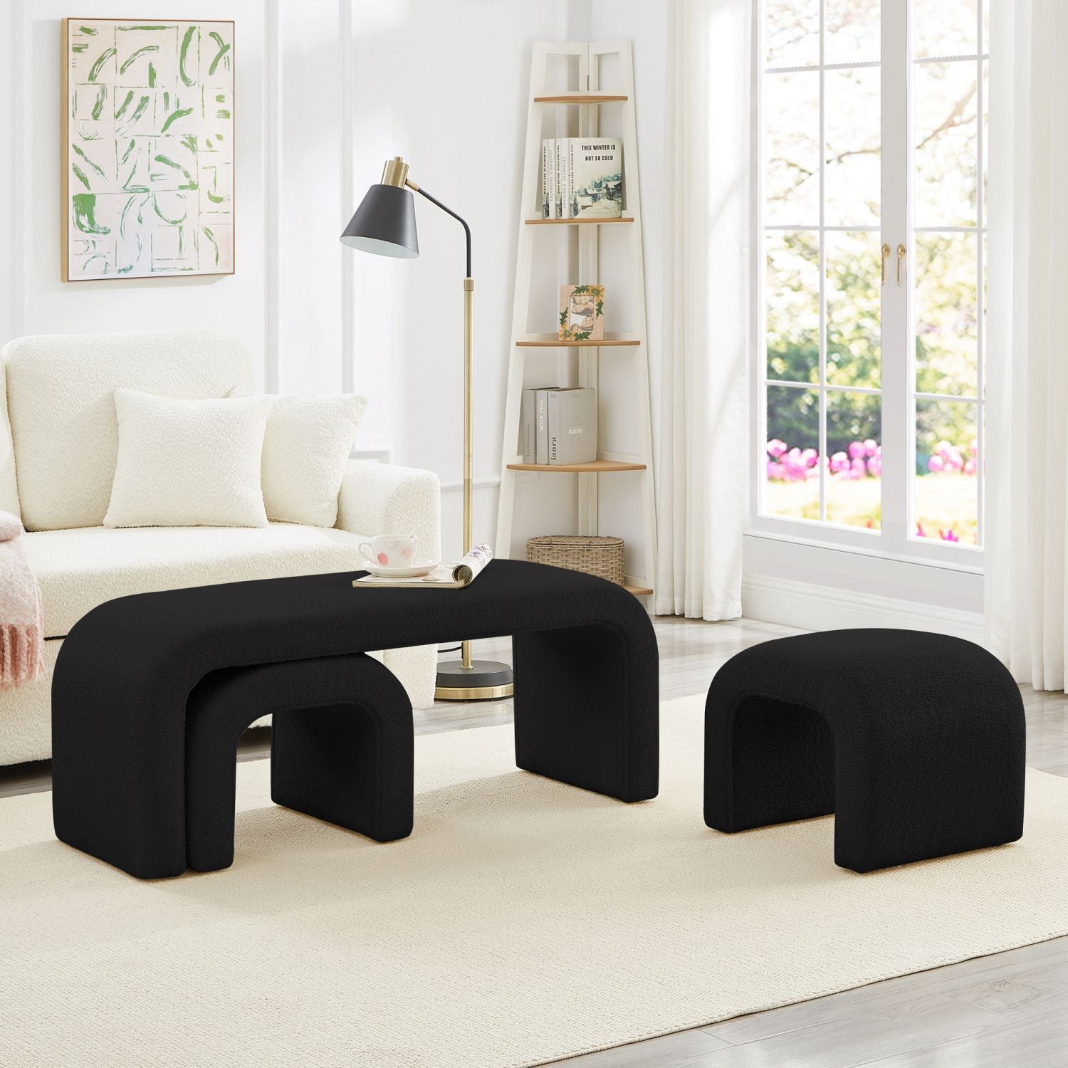Cozy Set of 3 Black Teddy Ottomans - Versatile Modern Bench for Bedroom and Entryway - Comfortable Living Decor