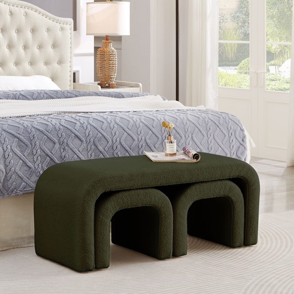 Dark Green U - Shaped Modern Ottoman Set for Entryway & Living Room - 3 - Piece Bench & Footrest Collection - Comfortable Living Decor