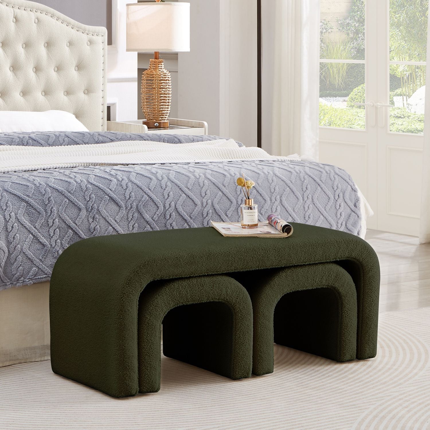 Dark Green U - Shaped Modern Ottoman Set for Entryway & Living Room - 3 - Piece Bench & Footrest Collection - Comfortable Living Decor