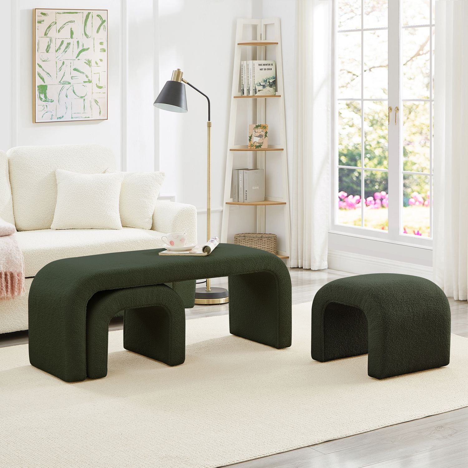 Dark Green U - Shaped Modern Ottoman Set for Entryway & Living Room - 3 - Piece Bench & Footrest Collection - Comfortable Living Decor