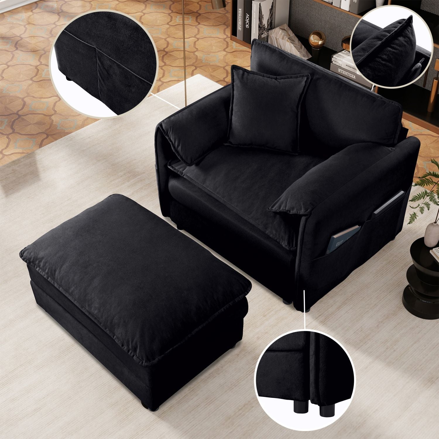Deep Seat Sectional Sofa Cloud Couch with Ottoman, Modern Chenille Comfy Love Seat Upholstered Modular L Shaped Couch for Living Room, Apartment, Office,DIY Combination,Black - Comfortable Living Decor