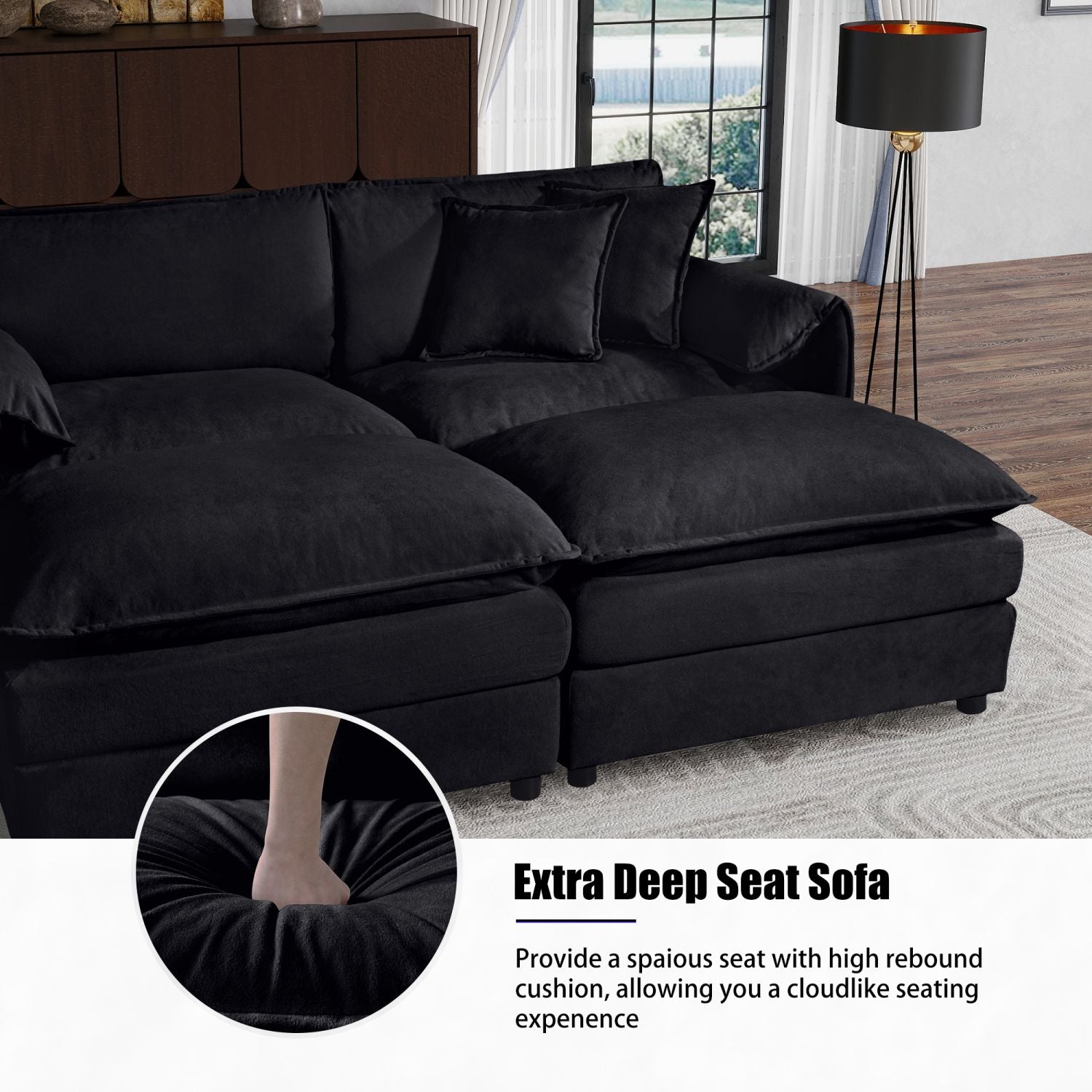 Deep Seat Sectional Sofa Cloud Couch with Ottoman, Modern Chenille Comfy Love Seat Upholstered Modular L Shaped Couch for Living Room, Apartment, Office,DIY Combination,Black - Comfortable Living Decor