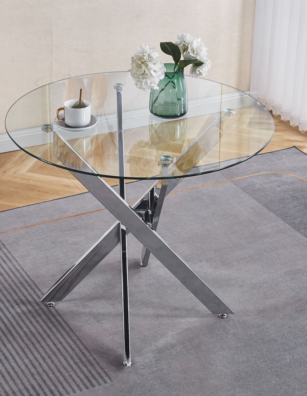 Dining Table with cross metal leg and tempered glass,Modern Space Saving Kitchen Table for Living Room,chrome legs - Comfortable Living Decor