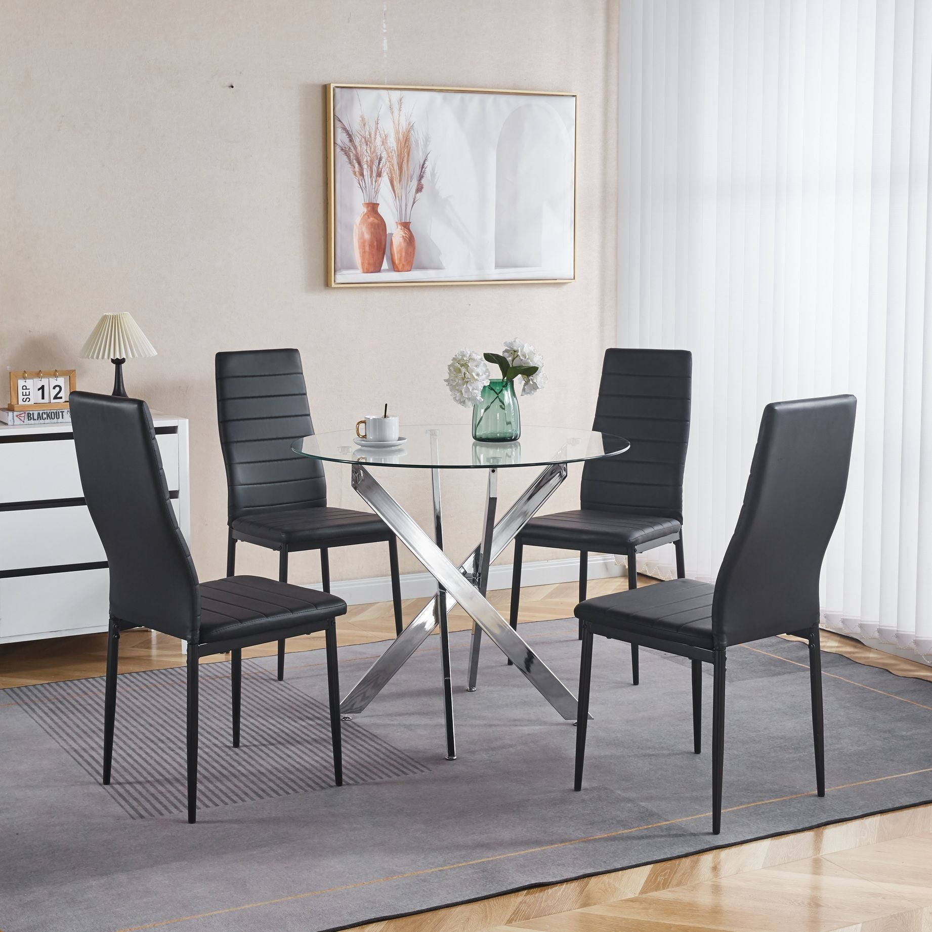 Dining Table with cross metal leg and tempered glass,Modern Space Saving Kitchen Table for Living Room,chrome legs - Comfortable Living Decor