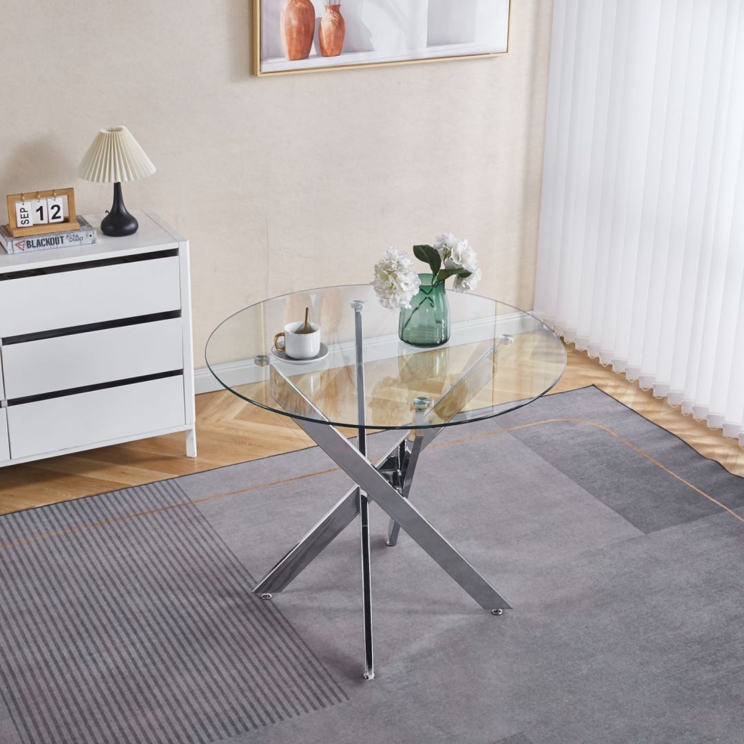 Dining Table with cross metal leg and tempered glass,Modern Space Saving Kitchen Table for Living Room,chrome legs - Comfortable Living Decor