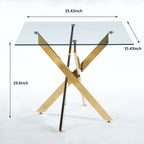 Dining Table with cross metal leg and tempered glass,Modern Space Saving Kitchen Table for Living Room,chrome legs,Square table,golden legs - Comfortable Living Decor