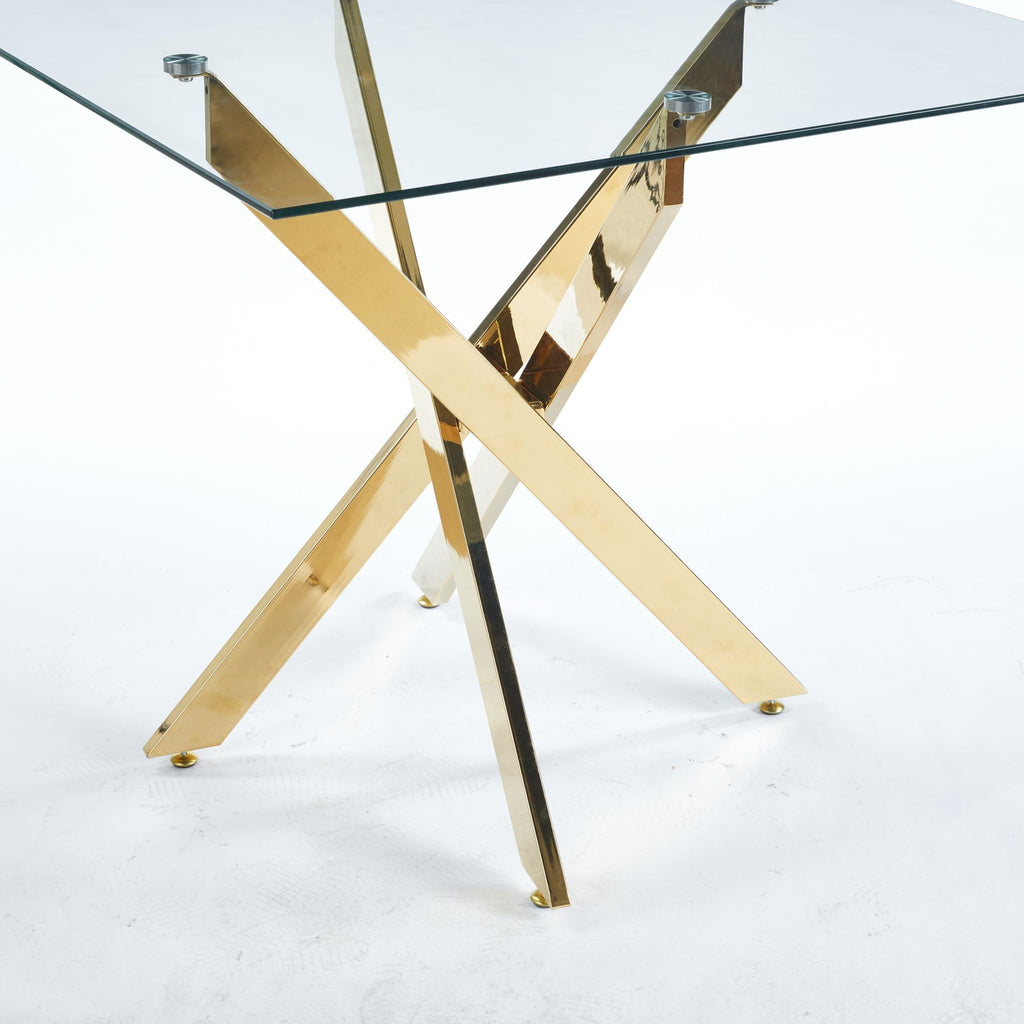 Dining Table with cross metal leg and tempered glass,Modern Space Saving Kitchen Table for Living Room,chrome legs,Square table,golden legs - Comfortable Living Decor
