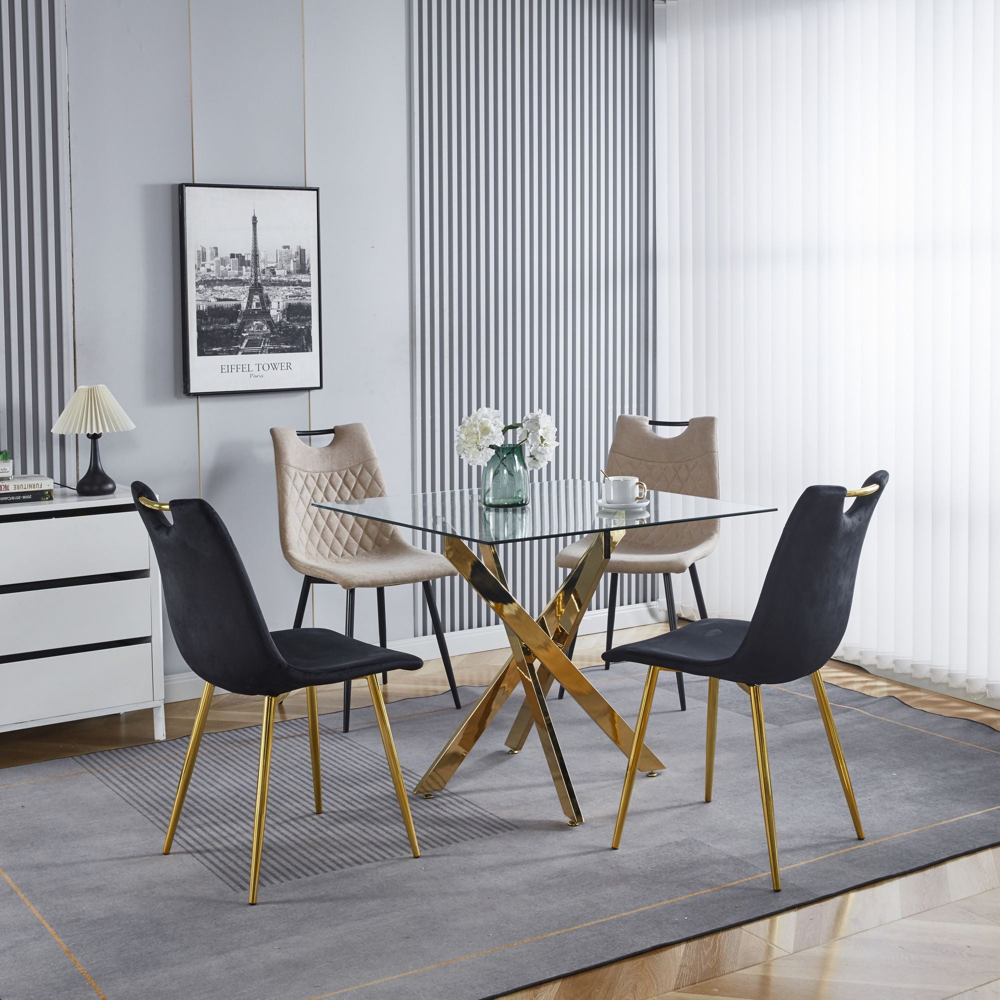 Dining Table with cross metal leg and tempered glass,Modern Space Saving Kitchen Table for Living Room,chrome legs,Square table,golden legs - Comfortable Living Decor