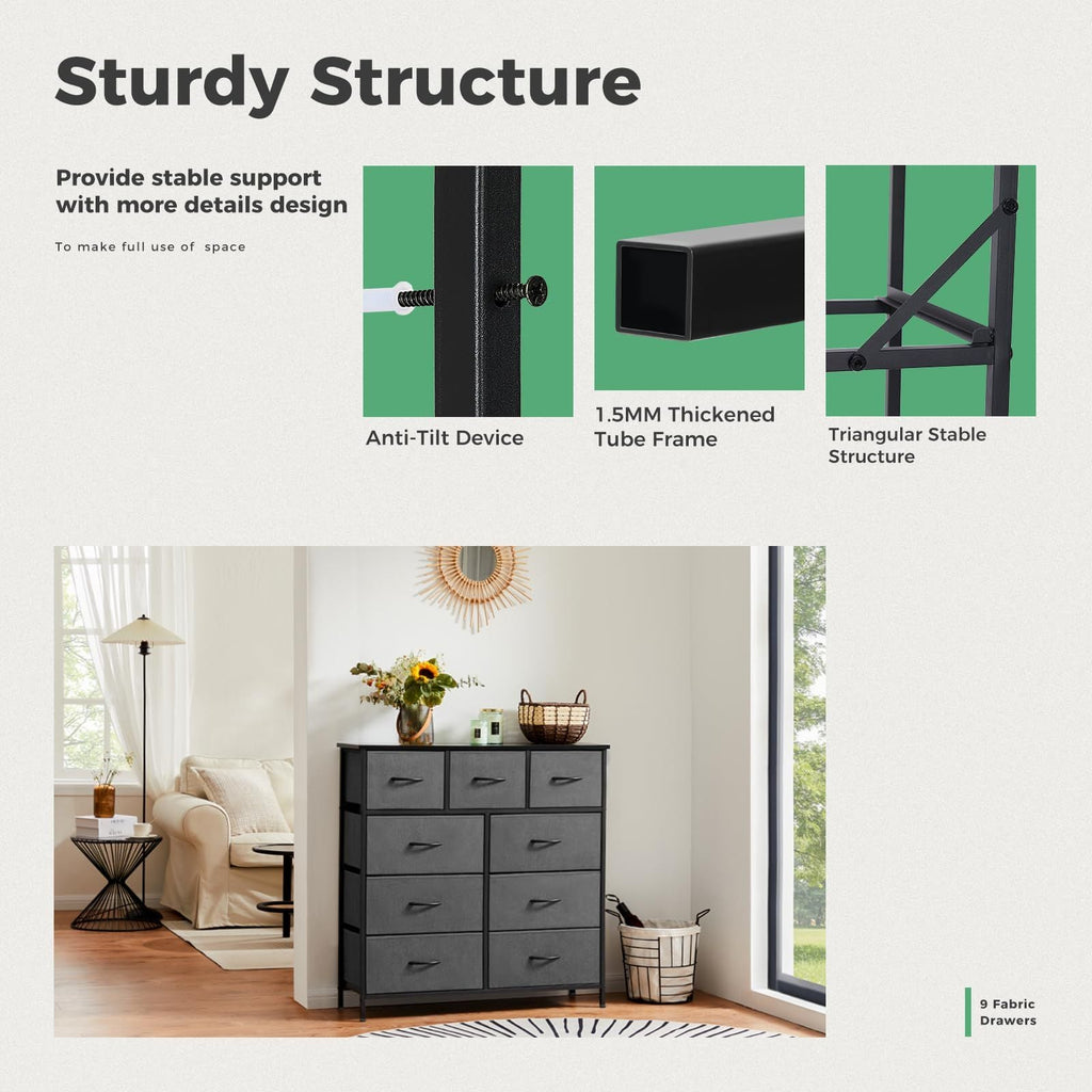 Dresser For Bedroom With 9 Fabric Storage Drawer Wardrobe Tall Chest Organizer Closet Adult Kids Clothes Cabinet Furniture - Comfortable Living Decor