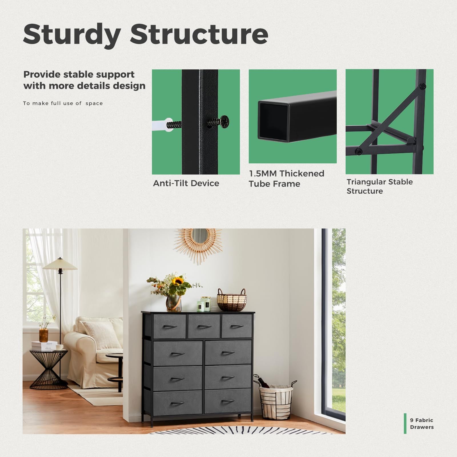 Dresser For Bedroom With 9 Fabric Storage Drawer Wardrobe Tall Chest Organizer Closet Adult Kids Clothes Cabinet Furniture - Comfortable Living Decor
