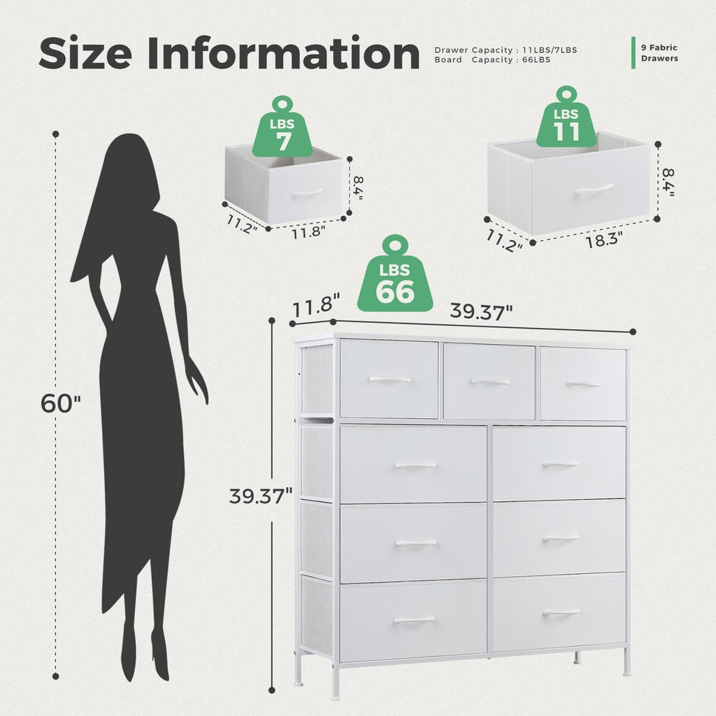 Dresser For Bedroom With 9 Fabric Storage Drawer Wardrobe Tall Chest Organizer Closet Adult Kids Clothes Cabinet Furniture - Comfortable Living Decor