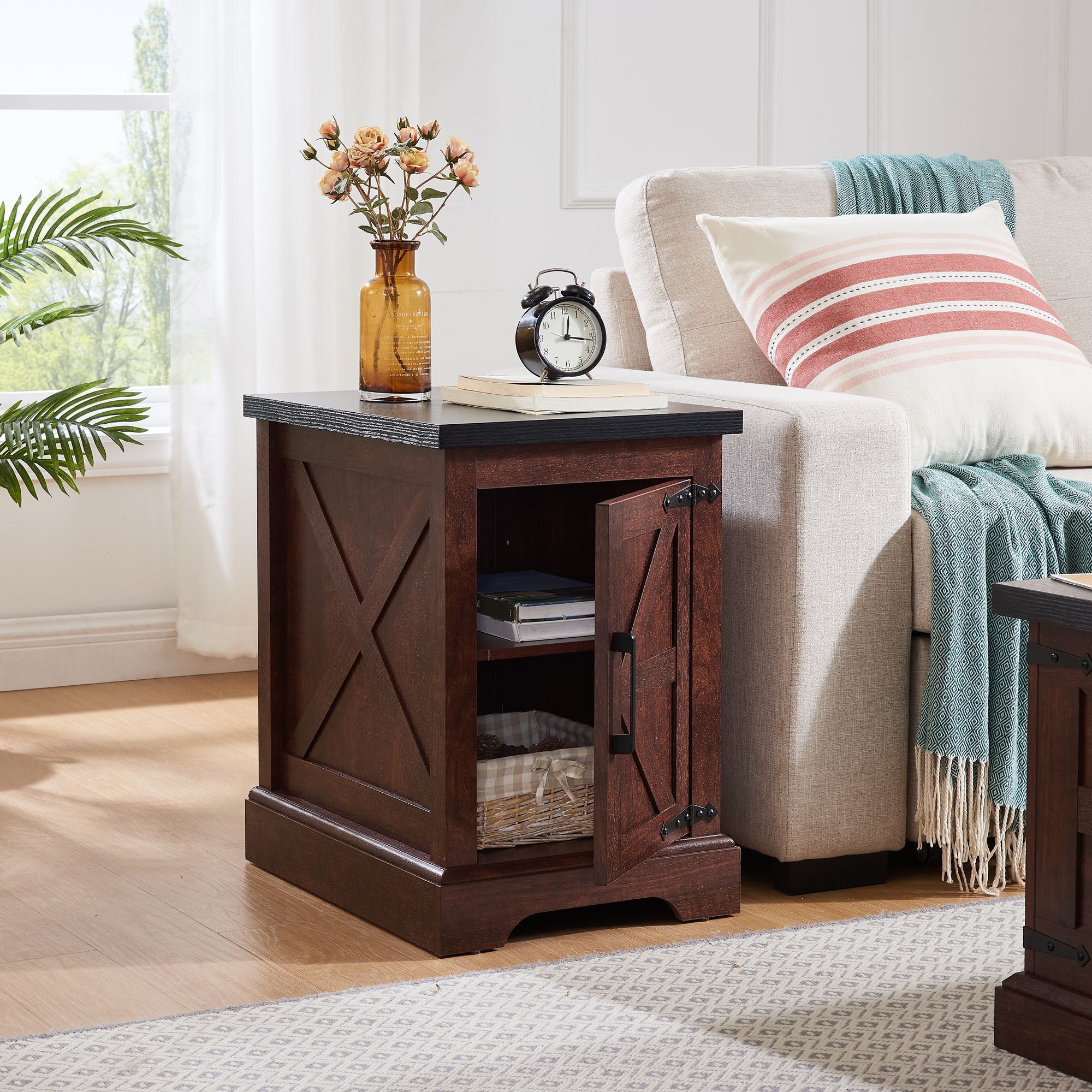 Farmhouse End table Nightstand Rectangular Farmhouse End Table with Barn Door and Adjustable Storage Shelf, Rustic Sofa Side Table for Living Room, Bedroom - Comfortable Living Decor